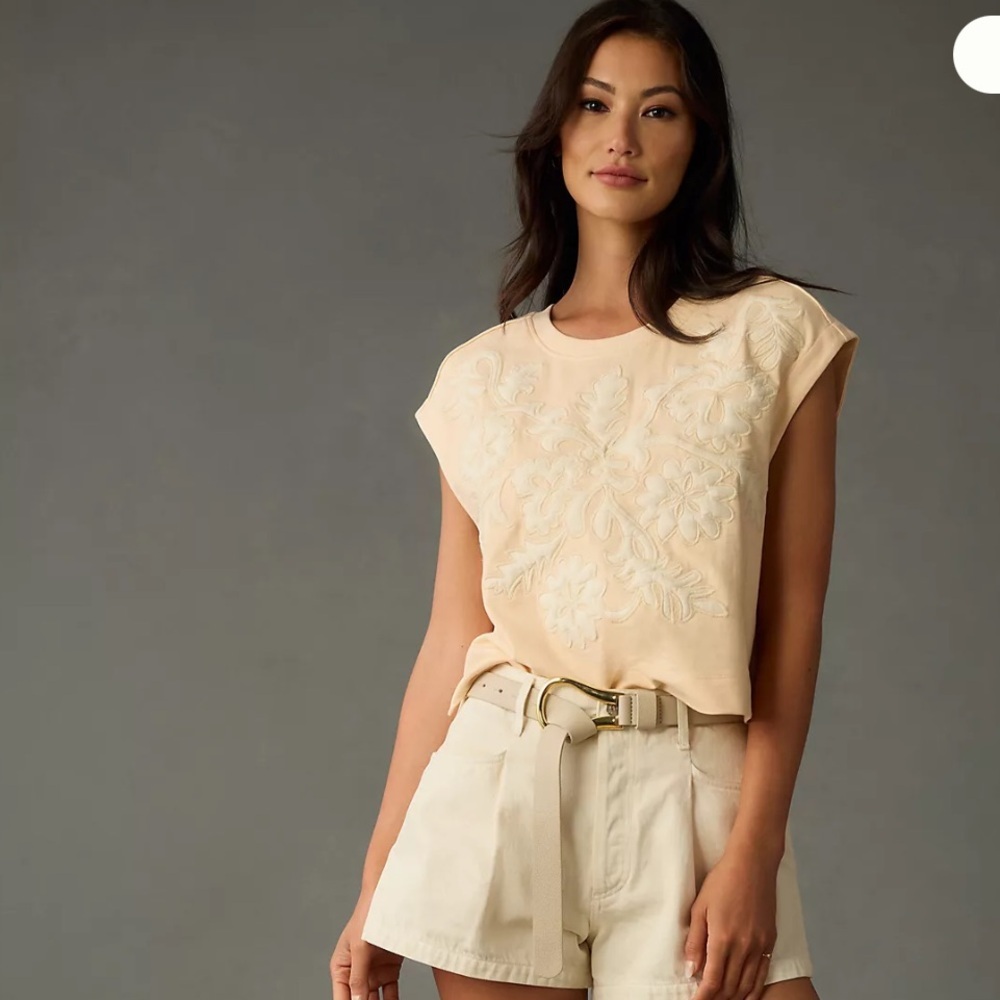 Anthropologie Cream Floral Embroidered crop Top - Picture 2 of 6